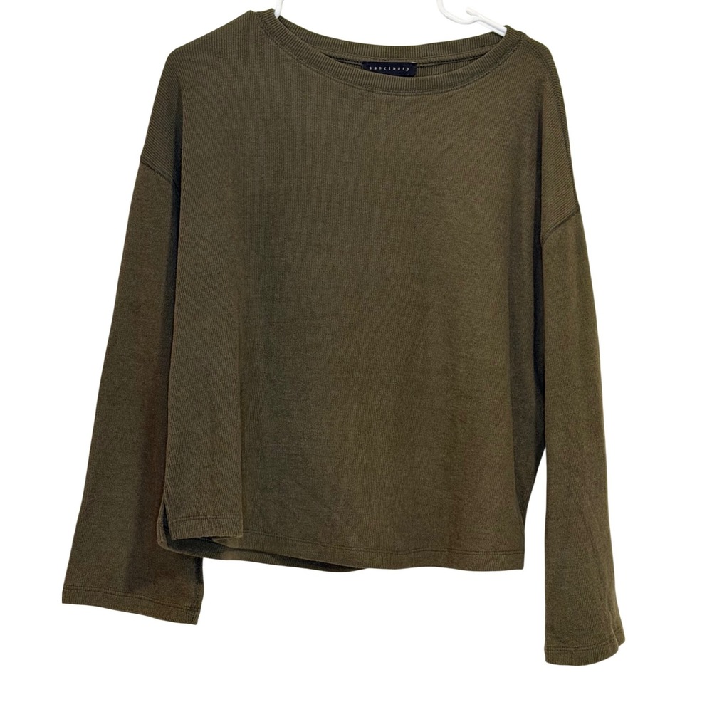 Sanctuary Womens Olive Green Ribbed Long Sleeve Top Size M Classic Relaxed Cozy